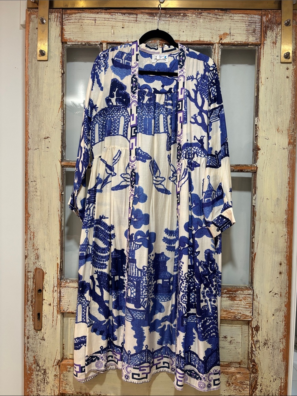 Blue & White Scenic Print Maxi Dress by (unbranded)